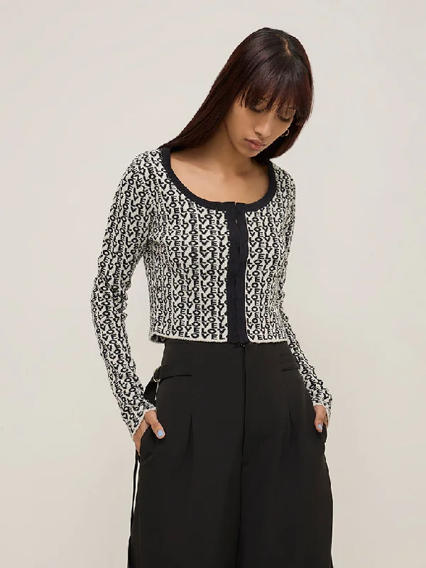 Nuon Black Text Printed Cotton-Blend Cardigan Open Front Closed Front Wrap Front