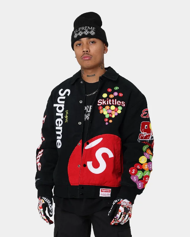 Supreme X Mitchell & Ness X Skittles Varsity Jacket Black Tiered Jacket Buttoned Jacket Zippered Jacket