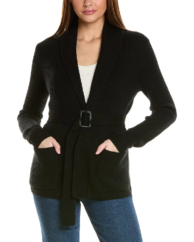 Bruno Magli Ribbed Belted Shawl Wool Cardigan Modern Contemporary chic