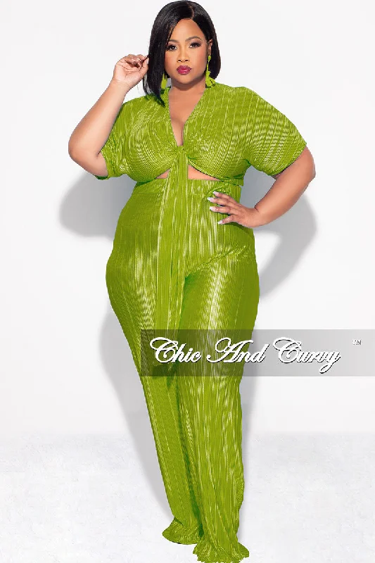 Final Sale Plus Size 2pc Pleated Top and Pants Set in Olive Casual Plaid Pants