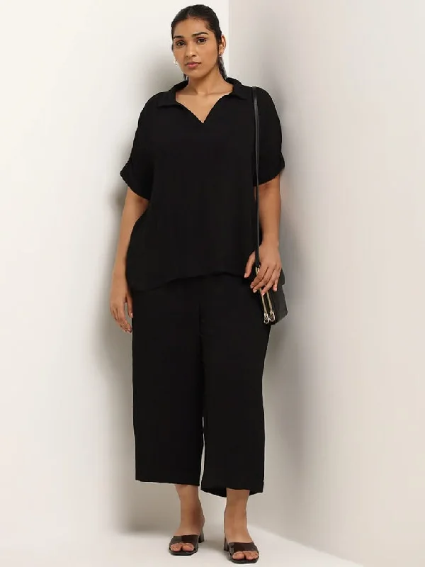 Gia Black Crinkled Pants Trendy Wide-Leg Pants