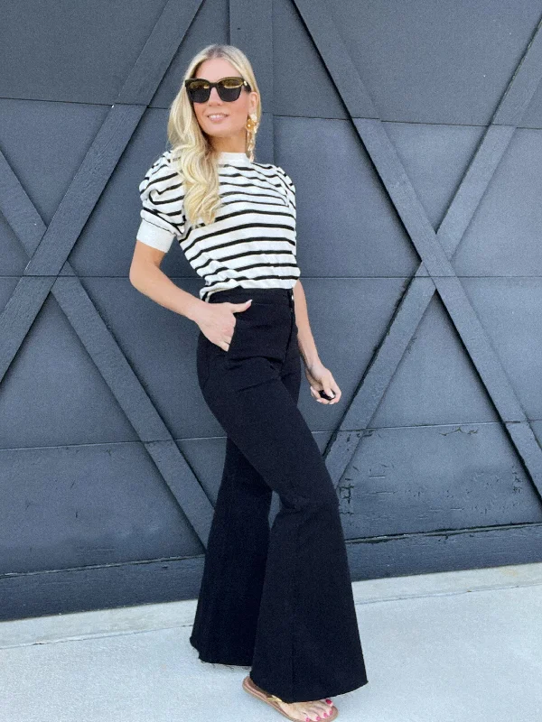 Stretch Flare Bottom Pants In Black Comfortable Fleece Pants