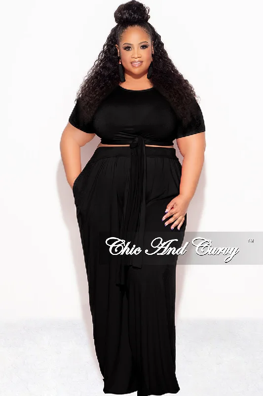 Final Sale Plus Size 2pc Short Sleeve Tie Top and Pants Set in Black Soft Stretch Leggings