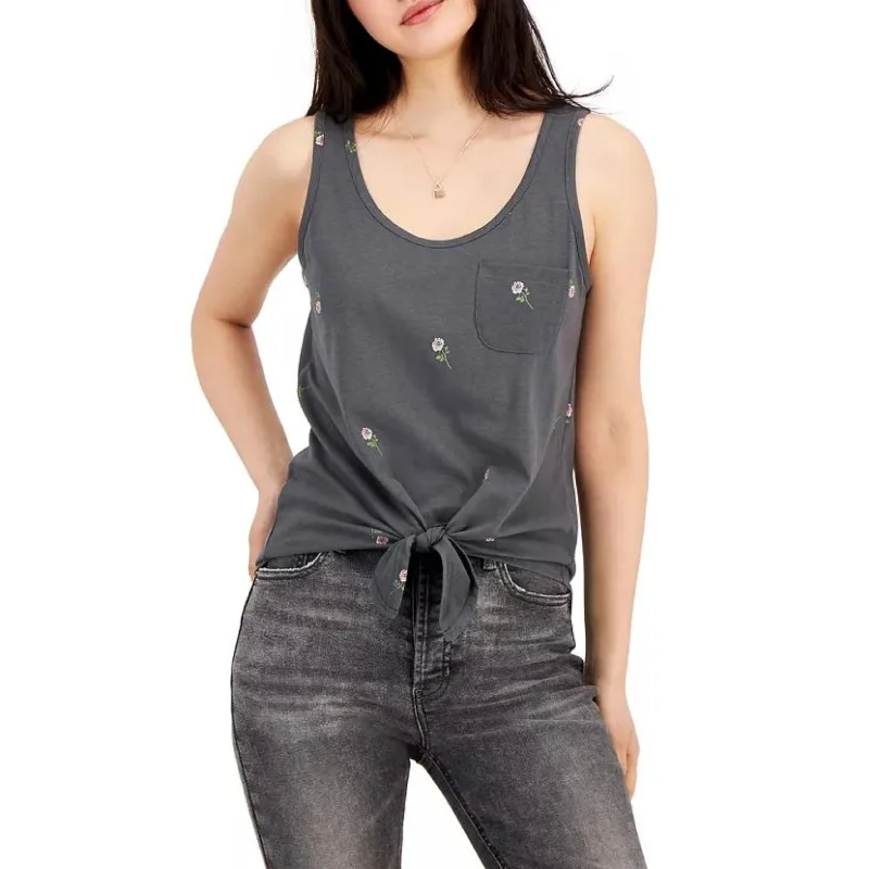 REBELLIOUS ONE  -  Rose-Print Tie-Hem Tank Top cold shoulder tank