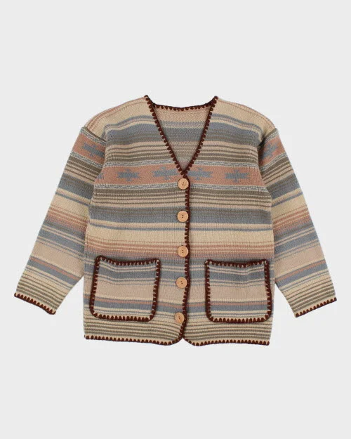Vintage Stripe Knit Cardigan - L Beaded Cardigan Sequined Faux Fur