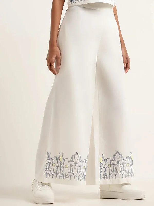 Bombay Paisley White Printed Blended Linen Mid Rise Pants Casual Track Pants