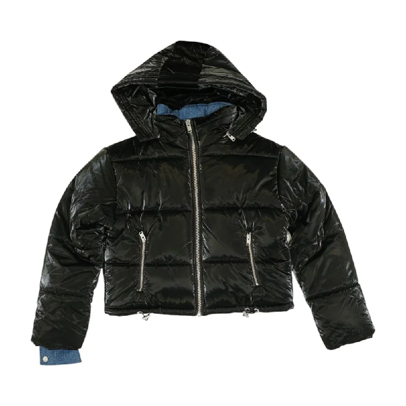 Black Solid Puffer Jacket Welt Pockets Slit Pockets Flap Pockets