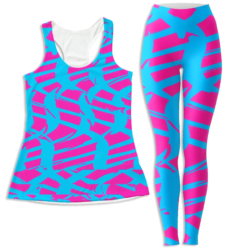 Pink and Blue Squiggly Rave Checkered Women's Tank and Leggings Combo scoop neck tank