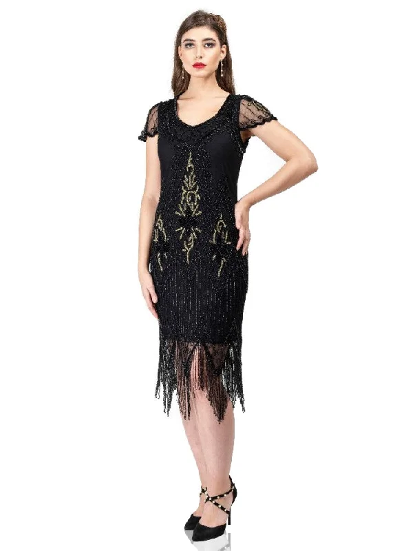 Flapper Style Fringe Party Dress in Black Gold Tunics Cozy soft