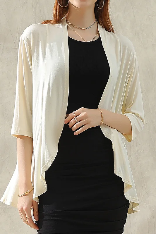 QUARTER SLEEVE RUFFLED FRONT OPEN CARDIGAN Layered Multi-layer Single Layer