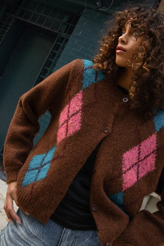 WOOL-BLEND ARGYLE PATTERN CARDIGAN Jersey Fabric Tulle Fabric Batik Fabric