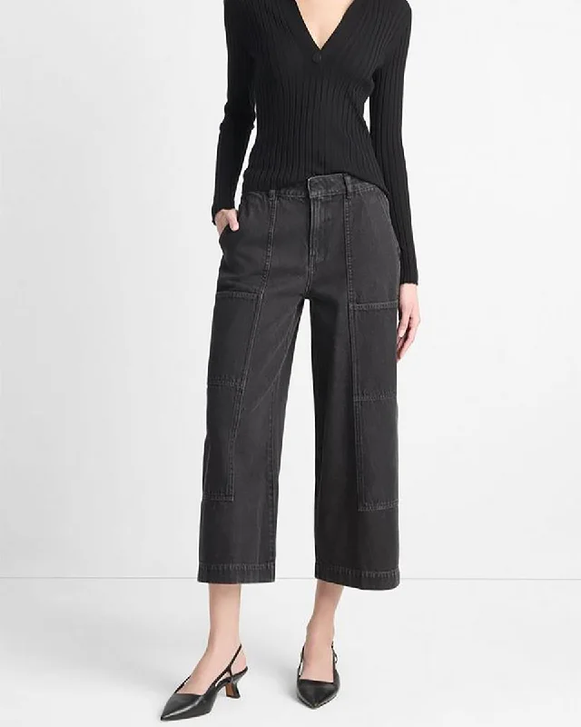 Cotton Mid-Rise Utility Wide Crop Pant High-Waist Trousers
