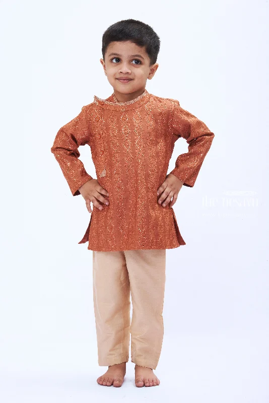 Terracotta Traditional Print Kurta with Cream Pant for Boys Slim-Fit Khaki Pants