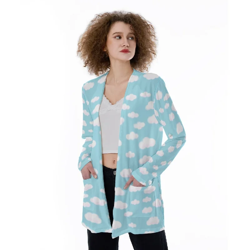 Dreamy Clouds Open Front Lightweight Cardigan With Pockets (Sky Blue) Wool Fabric Cashmere Fabric Tweed Fabric