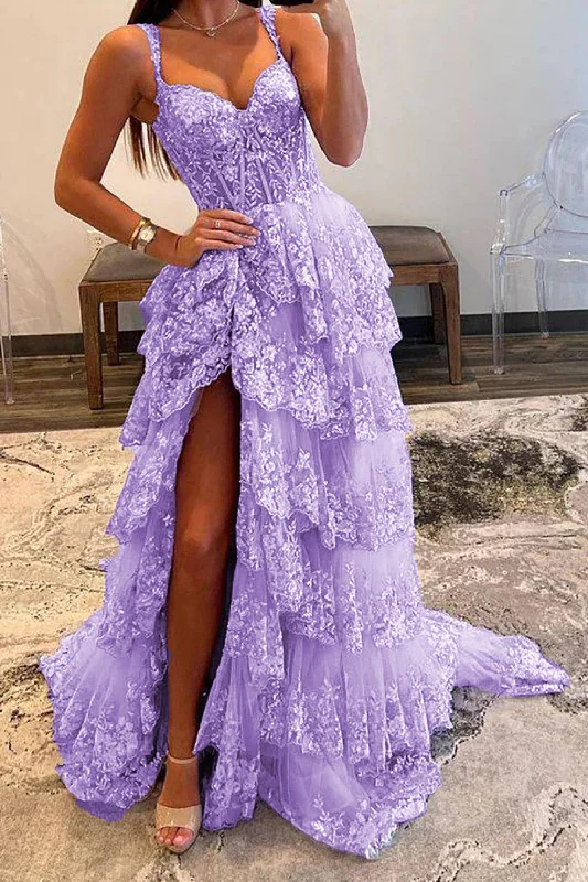 Off the Shoulder Tiered Prom Dress Sparkly Lace Appliques Evening Party Dress with Slit Turtleneck Neckline Stylish Off the Shoulder Tiered Prom Dress Sparkly Lace Appliques Evening Party Dress with Slit Turtleneck Neckline Stylish