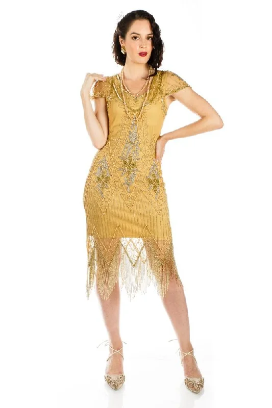Flapper Style Fringe Party Dress in Antique Gold Glittery Long Formal