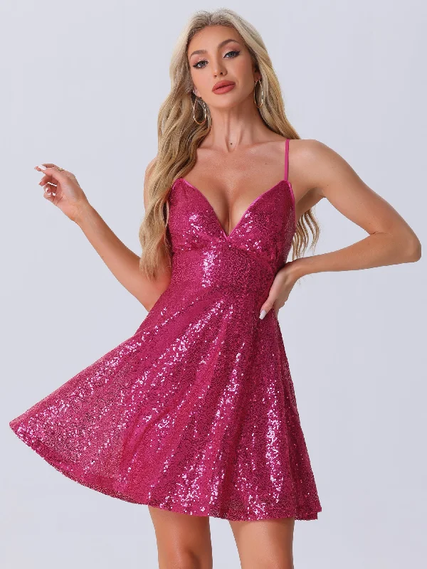 Glitter Sequin Spaghetti Strap Tie Back Backless Mini Party Dress Square Neckline Feminine