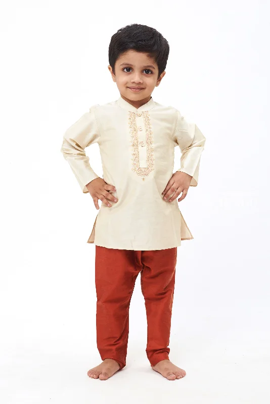 Elegance Defined: Boys Half-White Kurta with Embroidery & Maroon Pant Set Fashionable Button-Up Pants