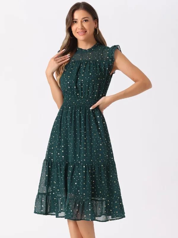 Chiffon Sleeveless Smocked Waist Gilding Metallic Stars Party Dress Tunics Polka dots Chiffon Sleeveless Smocked Waist Gilding Metallic Stars Party Dress Tunics Polka dots