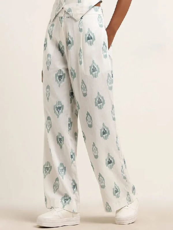 Bombay Paisley Teal Ikat Printed Mid Rise Cotton Blend Flared Pants Stylish Elastic Waist Pants