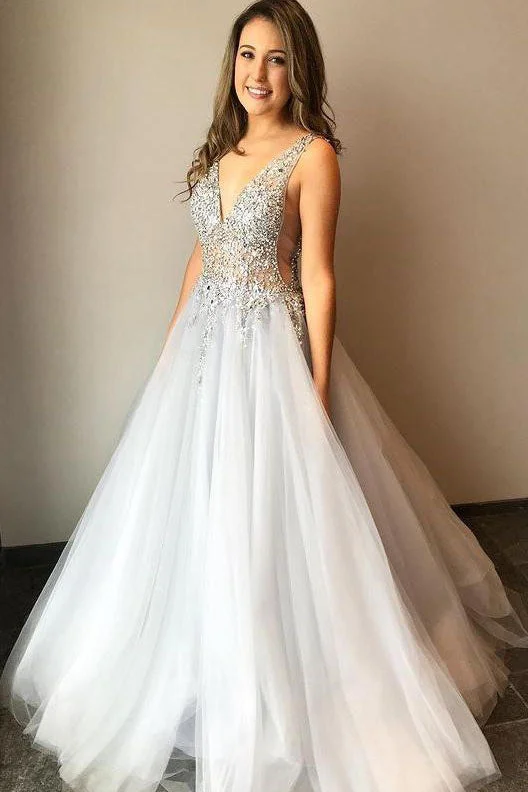 V-neck Beaded Tulle Formal Party Dresses A Line Gray Long Prom Dresses Tunics Cozy soft V-neck Beaded Tulle Formal Party Dresses A Line Gray Long Prom Dresses Tunics Cozy soft