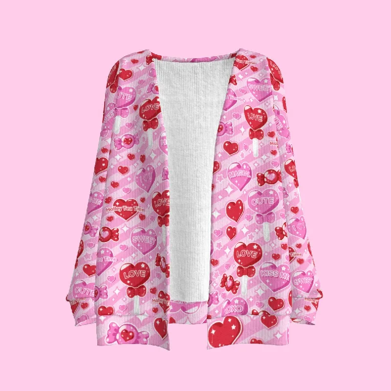 Candy Love Hearts (Red Cutie) Women's Open Front Cardigan Toggled Drawstring Belted