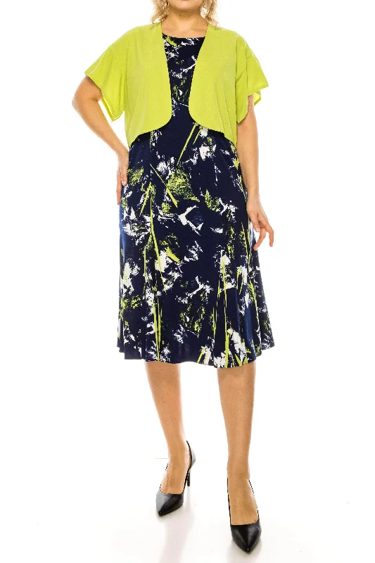 Maya Brooke 28369 - Apple Green Multicolor Print Dress With Jacket Welt Pockets Slit Pockets Flap Pockets