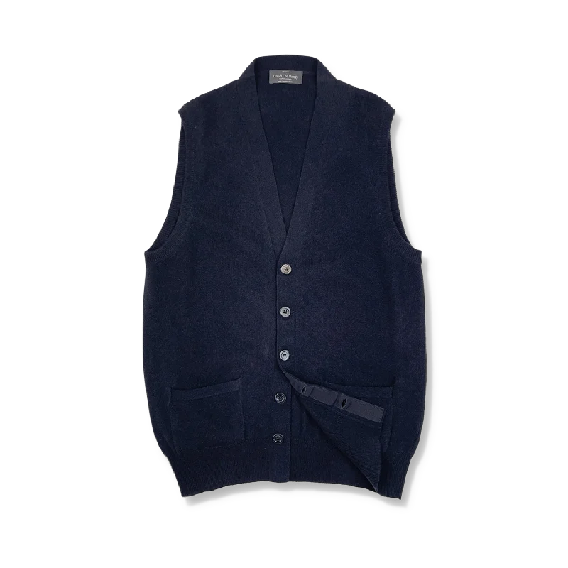 Cashmere Sleeveless Cardigan in Navy Blue Herringbone Houndstooth Plaid