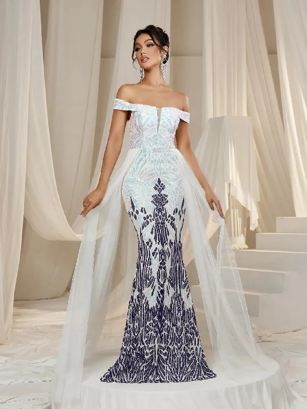 Elegant Off Shoulder Mesh Overlay Mermaid Hem Graphic Sequin Formal Party Dress Square Neckline Feminine