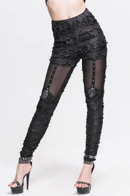 Black Sexy Skeleton Palm Ripped Knitted Gothic Womens Pants Formal Wide-Leg Pants