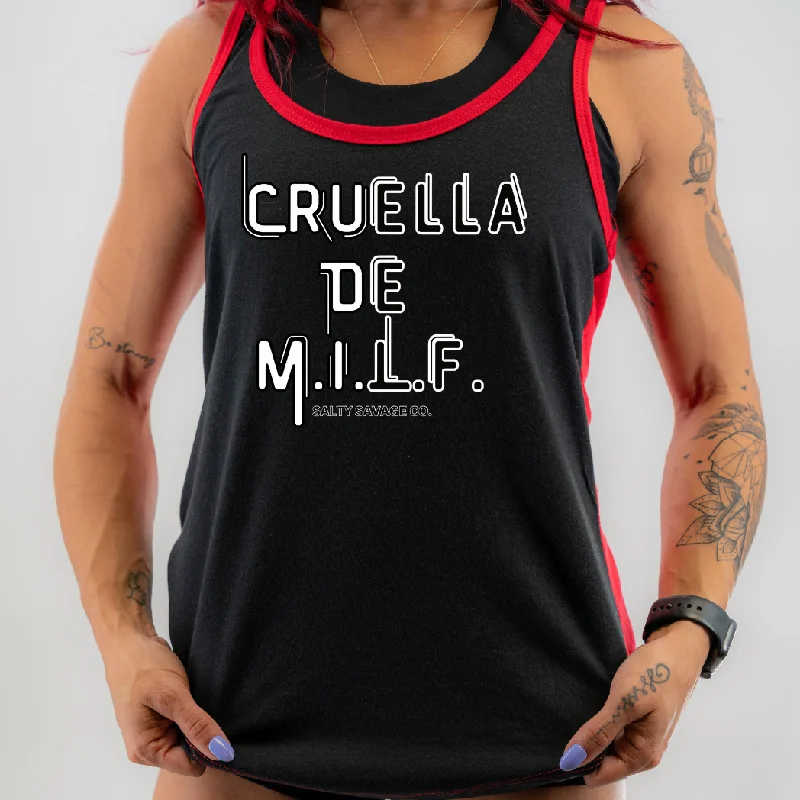 Salty Savage Ladies “CRUELLA DE M.I.L.F.” Two Tone Racerback Tank gold tank top
