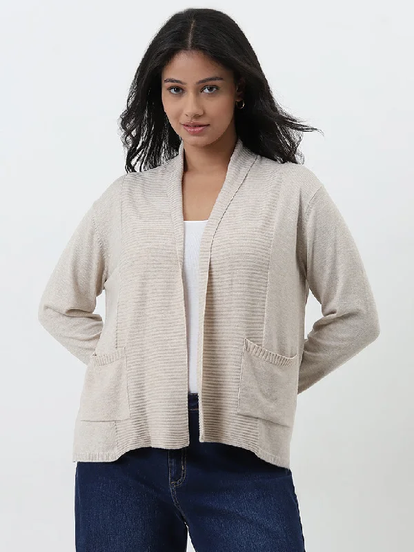 Gia Beige Self-Striped Cardigan Terry Terry Cloth Terry Knit