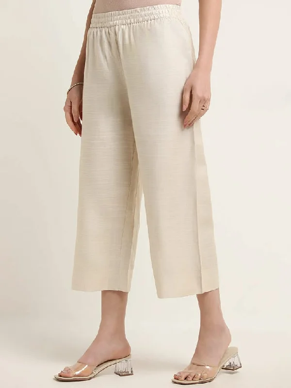 Zuba Beige Mid Rise Pants Comfortable Pleated Pants