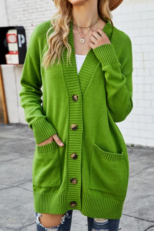 BUTTON CLOSURE RIBBED KNIT CARDIGAN WITH POCKETS Anti-Pilling Anti-Shrink Durable