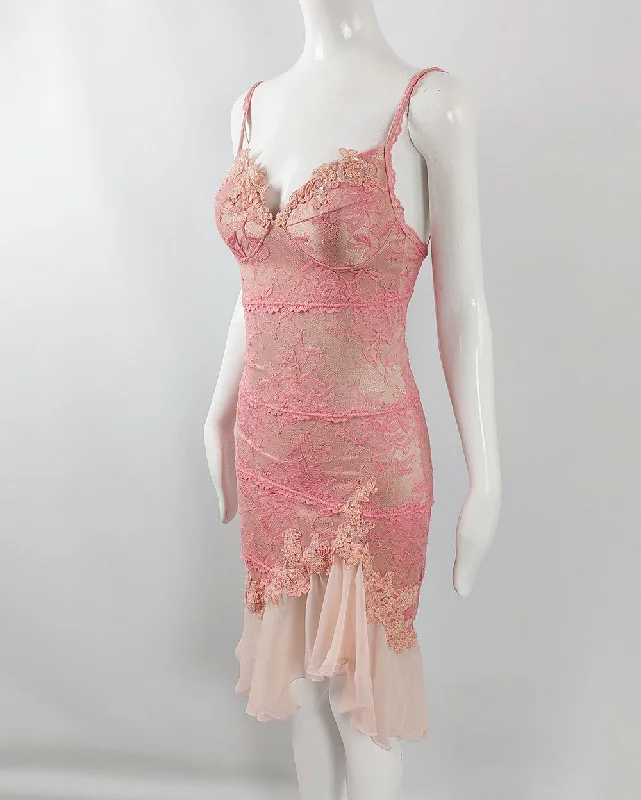 Catwalk Collection Pink & Nude Lace Chiffon y2k Party Dress High-Low Hemline Casual
