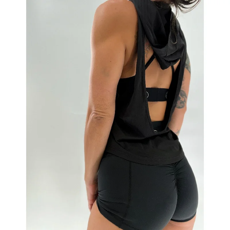 Salty Savage Ladies “Rock On” Open Back Muscle Tank Hoodie | Black lace tank top
