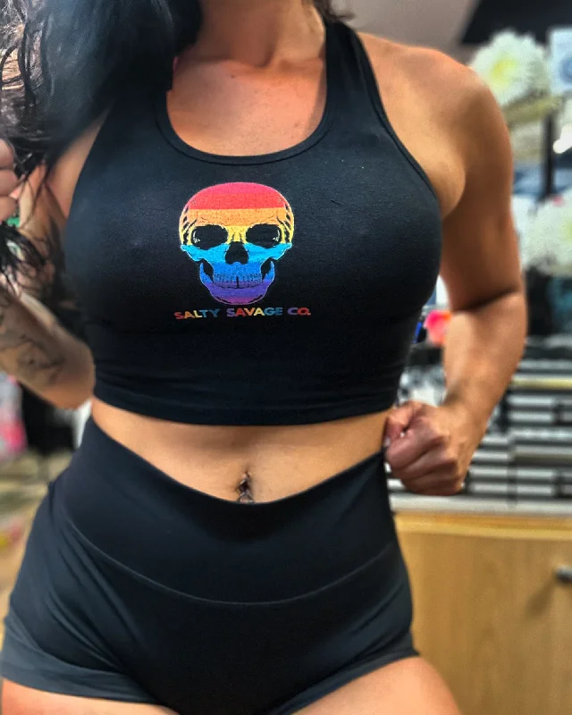 Salty Savage Ladies “Rainbow Skull” Cropped Racerback Tank fitted tank top