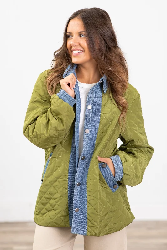 Olive Quilted Jacket With Denim Trim Detail Mesh Jacket Canvas Jacket Denim Jacket