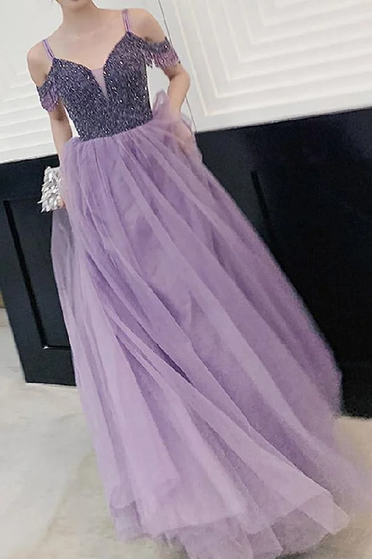 Tulle A Line Elegant Cold Shoulder Beaded Lilac Long Prom Party Dresses Tunics Floral girly Tulle A Line Elegant Cold Shoulder Beaded Lilac Long Prom Party Dresses Tunics Floral girly