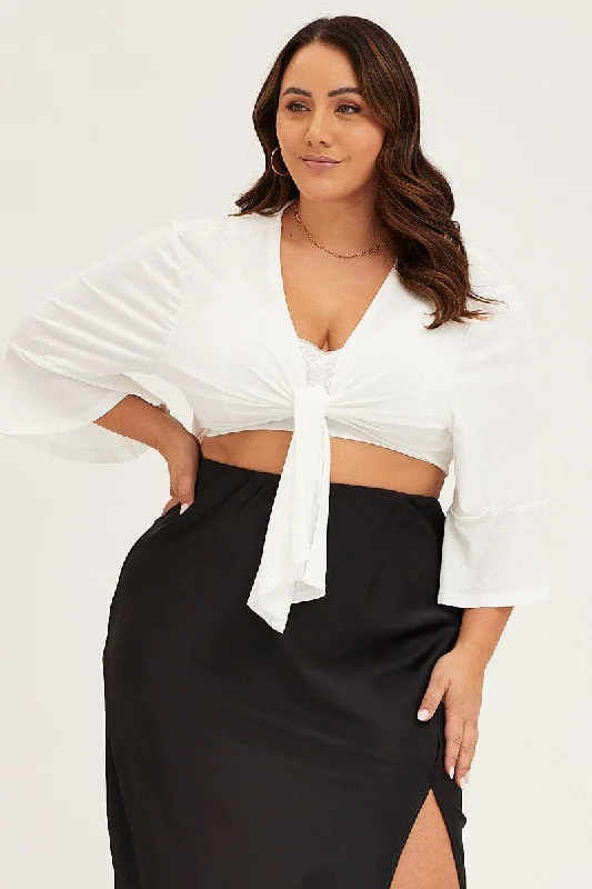 White Ruffle Sleeve Tie Up Crop Cardigan Handmade Hand-knitted Hand-woven