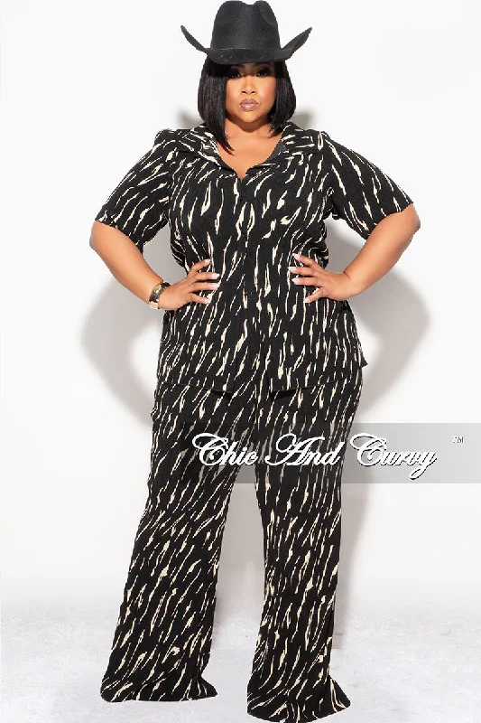 Final Sale Plus Size 2pc Button Up Collar Top and Pants Set in Black and Tan Stretch Fit Pants