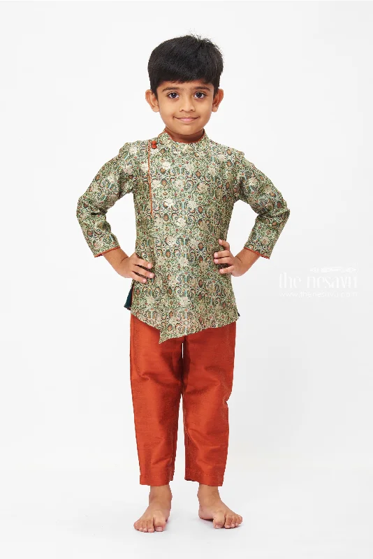 Boys Traditional Paisley Kurta and Rust Pant Ensemble Chic Wool Trousers