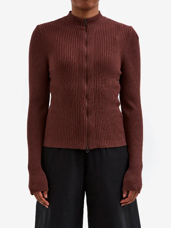 AMOMENTO Ribbed Mock Neck Cardigan - Brown Handmade Hand-knitted Hand-woven
