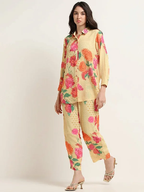 Vark Yellow Floral Printed Tunic & Pants Set Comfortable Denim Leggings
