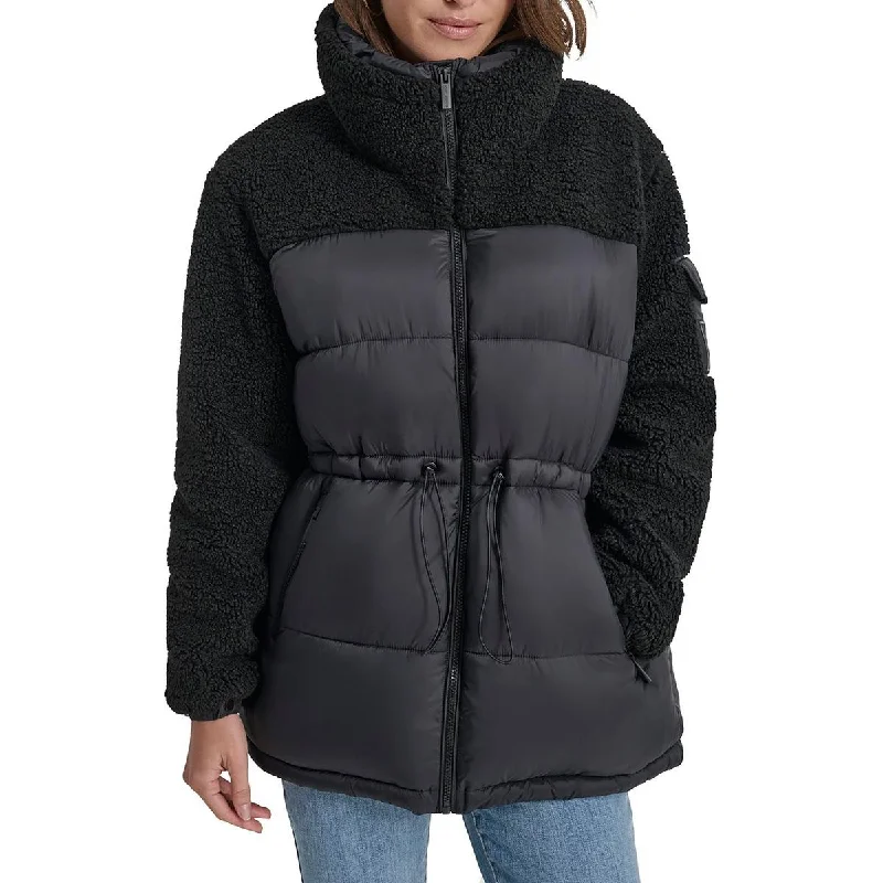 DKNY Womens Faux Fur Quilted Puffer Jacket Denim Fabric Leather Fabric Suede Fabric