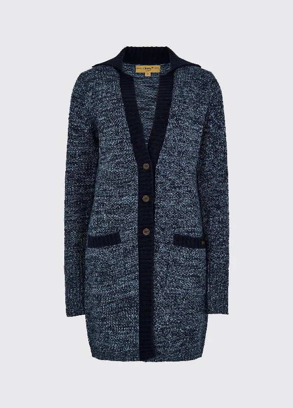 Hanley Ladies' Long Knit Cardigan - Navy - Sample Crew Neck V-Neck Turtle Neck