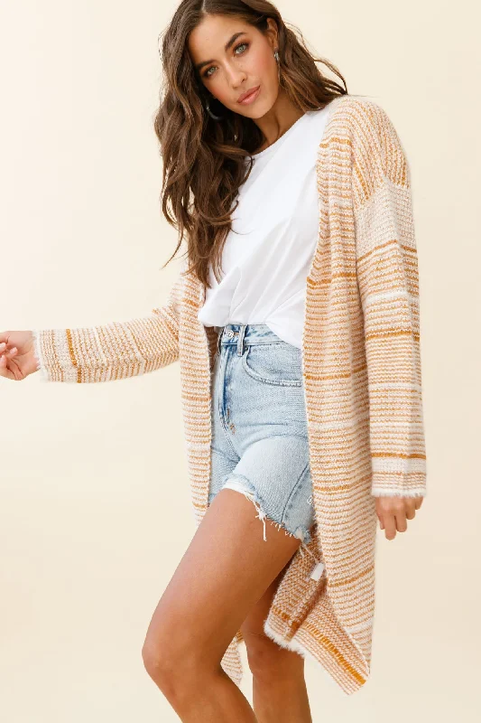 Moon Shine Fuzzy Knit Long Cardigan Striped Beige Spandex Rayon Corduroy