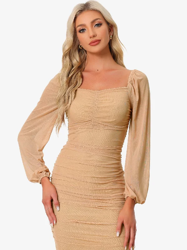 Bodycon Long Puff Sleeve Mini Mesh Ruched Solid Lace Up Party Dress Tunics Exclusive limited
