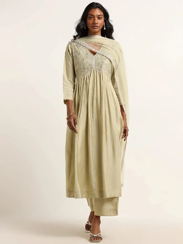 Vark Sage Floral Embroidered Kurta, Pants and Dupatta Set Fashionable Jogger Pants