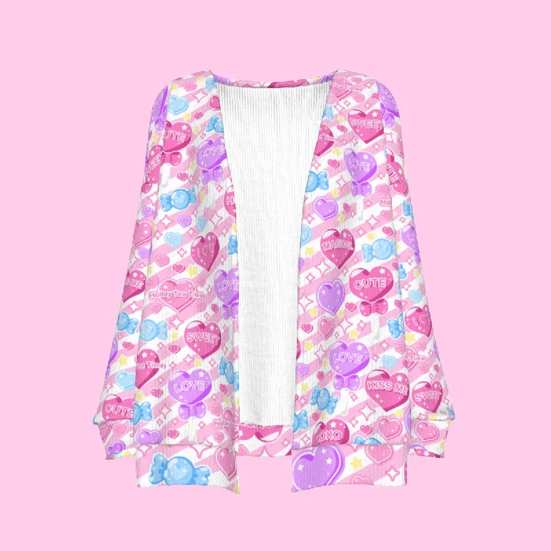 Candy Love Hearts (Colorful Cutie) Women's Open Front Cardigan Hooded Caped Shawl Collar